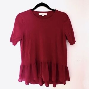 Loft Maroon Peplum Top Short Sleeve Crew Neck Women's Small S Ruffle Solid EUC